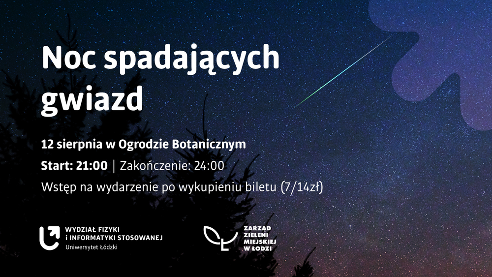 Plakat promujący wydarzenie „Noc spadających gwiazd”, które odbędzie się 12 sierpnia w Ogrodzie Botanicznym w Łodzi w godzinach 21:00–24:00. Wstęp po wykupieniu biletu w cenie 7 lub 14 zł. Tło przedstawia rozgwieżdżone nocne niebo z widocznym meteorem i sylwetkami drzew. Na dole znajdują się logotypy Wydziału Fizyki i Informatyki Stosowanej Uniwersytetu Łódzkiego oraz Zarządu Zieleni Miejskiej w Łodzi