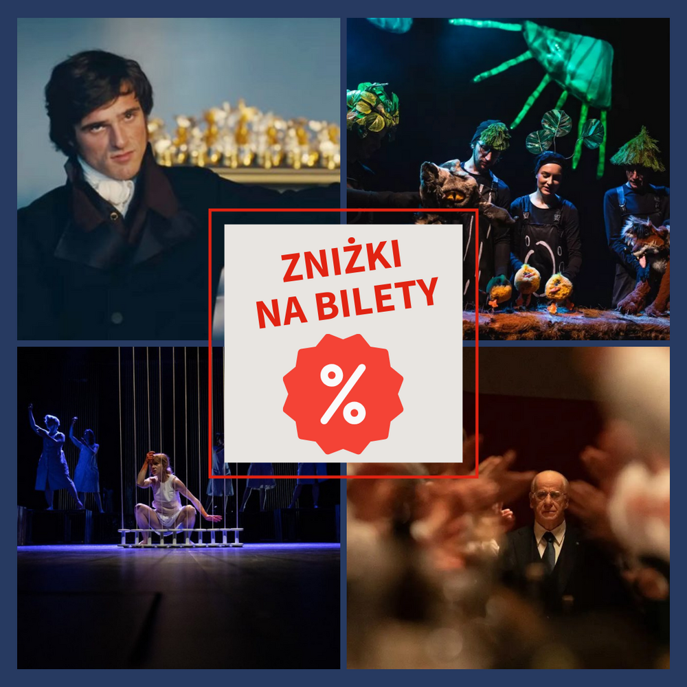Grafika promocyjna podzielona na cztery części, przedstawiające różne wydarzenia kulturalne. W lewym górnym rogu widoczny jest kadr z filmu lub spektaklu z mężczyzną w historycznym stroju na tle eleganckiego wnętrza. W prawym górnym rogu znajduje się scena teatralna z aktorami i lalkami w baśniowej, zielonej scenografii. W lewym dolnym rogu pokazano spektakl taneczny z performerami na scenie. W prawym dolnym rogu widoczna jest sala koncertowa lub teatralna z publicznością oraz dyrygentem lub artystą na pierwszym planie. Na środku grafiki umieszczono jasny kwadrat z czerwonym obramowaniem i napisem „Zniżki na bilety” oraz symbolem procentu.