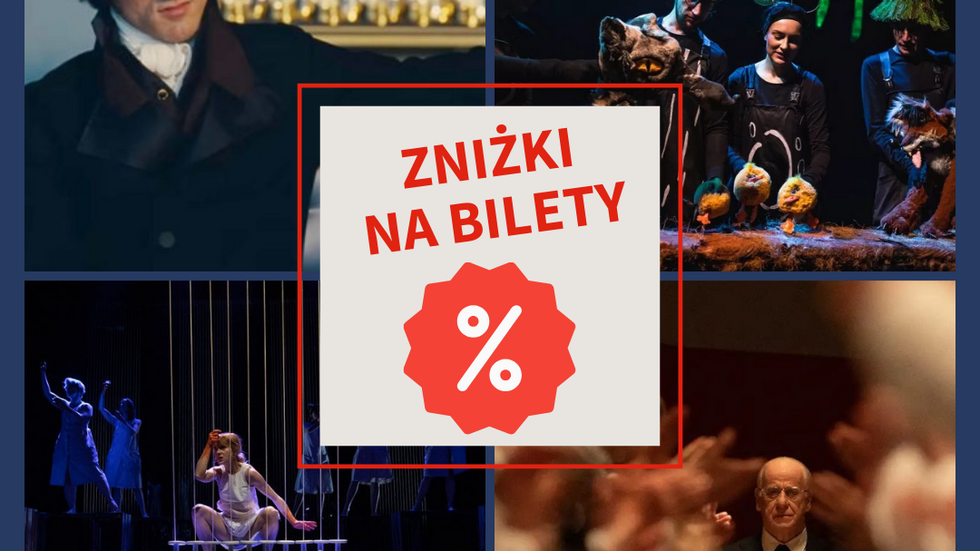 Grafika promocyjna podzielona na cztery części, przedstawiające różne wydarzenia kulturalne. W lewym górnym rogu widoczny jest kadr z filmu lub spektaklu z mężczyzną w historycznym stroju na tle eleganckiego wnętrza. W prawym górnym rogu znajduje się scena teatralna z aktorami i lalkami w baśniowej, zielonej scenografii. W lewym dolnym rogu pokazano spektakl taneczny z performerami na scenie. W prawym dolnym rogu widoczna jest sala koncertowa lub teatralna z publicznością oraz dyrygentem lub artystą na pierwszym planie. Na środku grafiki umieszczono jasny kwadrat z czerwonym obramowaniem i napisem „Zniżki na bilety” oraz symbolem procentu.